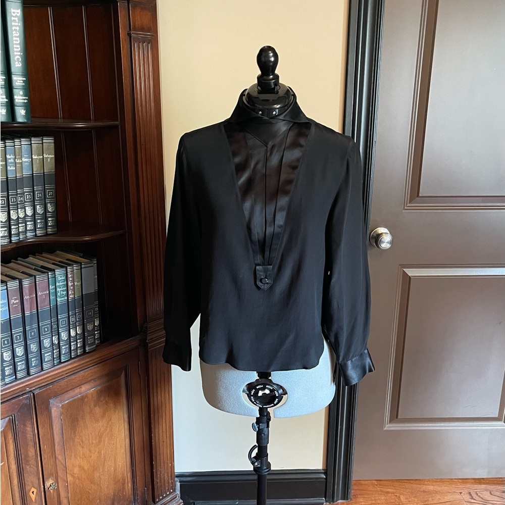 Sleek Tuxedo Style Black Silk Blouse by Irka